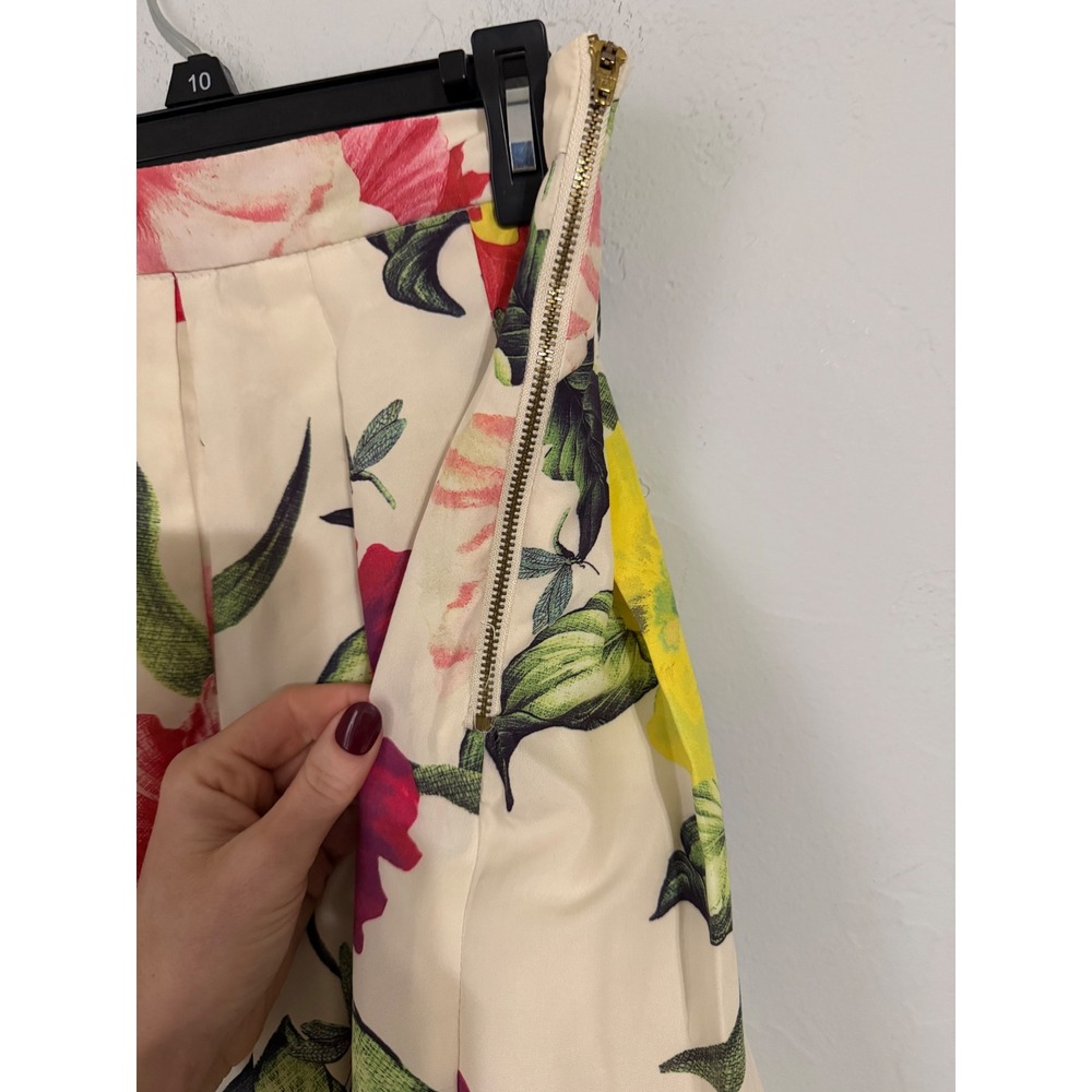 Beulah Style Floral Pleated A-Line Midi Skirt Cream Red Yellow Tropical CS8007 M - Picture 3 of 7